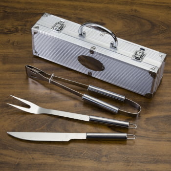 Kit Churrasco Personalizado Maleta Alumínio 3 peças Aço Inox X02759 Brindes Personalizados