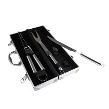 Kit Churrasco Personalizado Maleta Alumínio 3 peças Aço Inox X02759B Brinde Personalizado