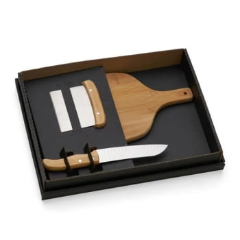 Kit Cozinha Personalizado Bambu / Inox 3 Peças SMKT-90192 Brindes Personalizados