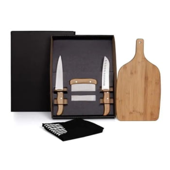 Kit Cozinha Personalizado Bambu / Inox 4 Peças SMKT-90182 Brinde Personalizado