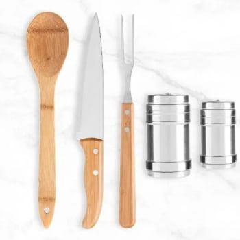 Kit Cozinha Personalizado Bambu / Inox 6 Peças SMKT-90107 Brindes Personalizados