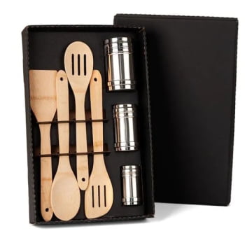 Kit Cozinha Personalizado Bambu / Inox 7 Peças SMKT-90108 Brinde Personalizado