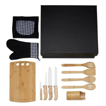 Kit Cozinha Personalizado Bambu / Madeira / Inox 13 Peças SMKT-9X073 Brindes Personalizados