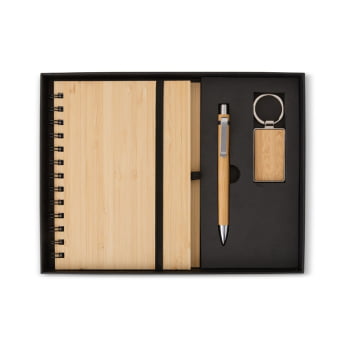 Kit Executivo Personalizado Sustentável Caneta Chaveiro e Caderneta Bambu X07048 Brinde Personalizado