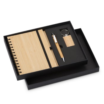Kit Executivo Personalizado Sustentável Caneta Chaveiro e Caderneta Bambu X07048 Brinde Personalizado
