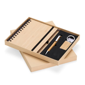 Kit Executivo Personalizado Sustentável Caneta Chaveiro e Caderneta Bambu X07048B Brindes Personalizados