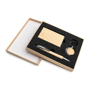 Kit Executivo Personalizado Sustentável Caneta Chaveiro Porta Cartão Bambu X18836 Brindes Personalizados