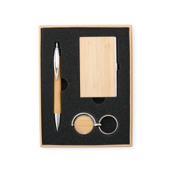 Kit Executivo Personalizado Sustentável Caneta Chaveiro Porta Cartão Bambu X18836 Brindes Personalizados