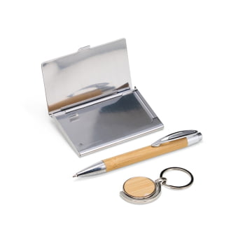 Kit Executivo Personalizado Sustentável Caneta Chaveiro Porta Cartão Bambu X18836 Brindes Personalizados