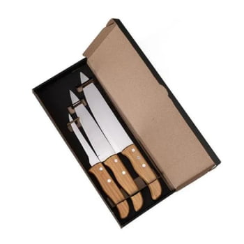 Kit Facas Personalizados Bambu / Madeira / Inox 3 Peças SMKF-02823 Brindes Personalizados