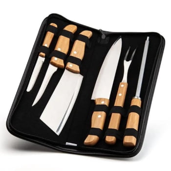 Kit Facas Personalizados Bambu / Madeira / Inox 7 Peças SMPB-00213 Brindes Personalizados