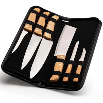 Kit Facas Personalizados Bambu / Madeira / Inox 7 Peças SMPB-00233 Brindes Personalizados