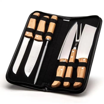 Kit Facas Personalizados Bambu / Madeira / Inox 7 Peças SMPB-00253 Brindes Personalizados