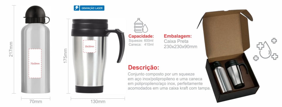Kit Garrafa e Caneca 2 Peças 600 ML / 410 ML SMIX-41601 Brinde Personalizado