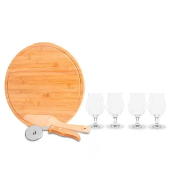 Kit Pizza Personalizado Madeira / Inox / Bambu 7 Peças SMKT-90021 Brindes Personalizados