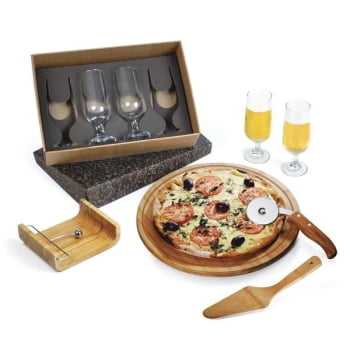 Kit Pizza Personalizado Madeira / Inox / Bambu 8 Peças SMKT-00443 Brinde Personalizado