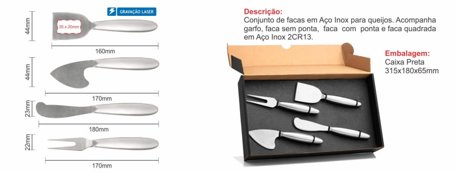 Kit Queijo Personalizado 4 Peças Aço Inox SMCJ-00090 Brindes Personalizados