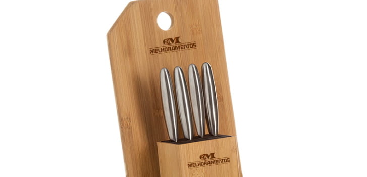 Kit Queijo Personalizado 5 Peças Bambu / Inox SMKT-90162 Brinde Personalizado