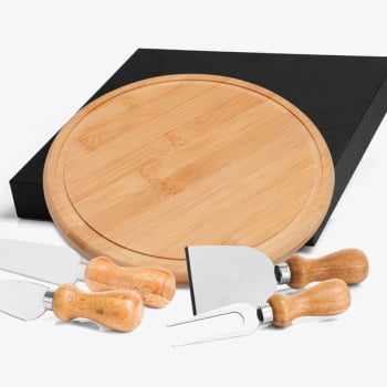 Brinde Natal Final de Ano Personalizado Kit Queijo Bambu / Madeira e Inox SMPD-15043