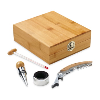 Kit Vinho Personalizado 4 Peças Saca Rolhas, Gargantilha, Termômetro e Rolha Metal SP94190 Brinde Personalizado
