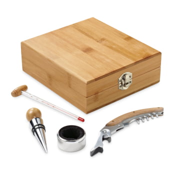 Kit Vinho Personalizado 4 Peças Saca Rolhas, Gargantilha, Termômetro e Rolha Metal SP94190 Brinde Personalizado