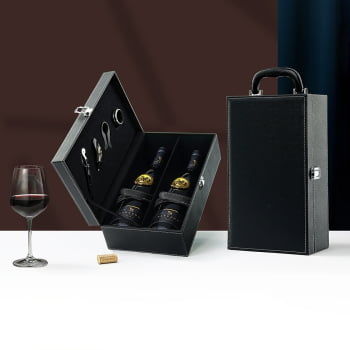 Kit Vinho Personalizado Saca Rolha Bico Condutor Cortador de Lacre Wine Collar Maleta Couro 2 Garrafas X03494 Brindes Pe