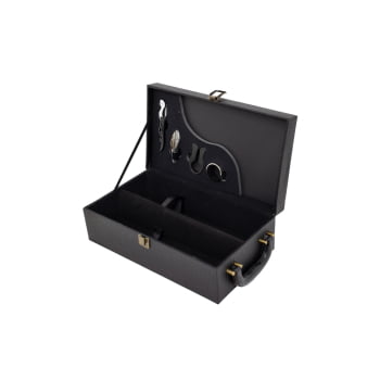 Kit Vinho Personalizado Saca Rolha Bico Condutor Cortador de Lacre Wine Collar Maleta Couro 2 Garrafas X03495B Brinde Pe