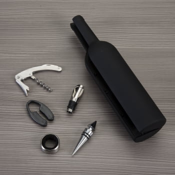 Kit Vinho Personalizado Saca Rolha Bico Condutor Wine Collar Cortador de Lacre 5 Peças X11870 Brinde Personalizado