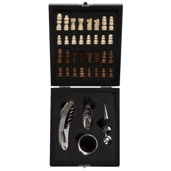 Kit Vinho Personalizado Saca Rolha Bico Condutor Wine Collar Tampa de Bico Xadrez X12046 Brinde Personalizado