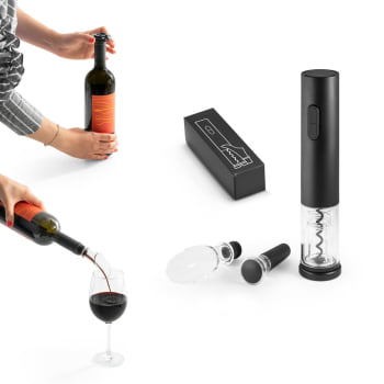 Kit Vinho Personalizado Saca Rolhas Elétrico Corta Cápsulas, Rolha a vácuo e Salva-Gotas SP94248 Brindes Personalizados