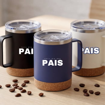 Brinde Presente Dia dos Pais Personalizado Caneca Térmica Inox 330 ml com Tampa Base Cortiça