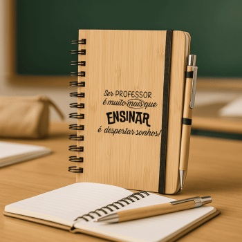 Brinde Presente Dia dos Professores Personalizado Caderno Personalizado Tipo Moleskine Bambu com Caneta X05134