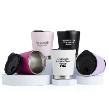 Brinde Natal Final de Ano Personalizada Copo Térmico em Aço Inox 300 ml com Tampa X18722