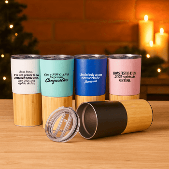 Brinde Natal Final de Ano Personalizada Copo Térmico em Aço Inox 600 ml e detalhe Bambu X04084