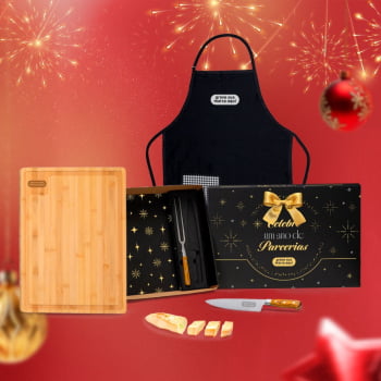 Brinde Natal Final de Ano Personalizado Kit Churrasco Bambu e Inox 4 Peças SMME-46373