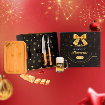 Brinde Natal Final de Ano Personalizado Kit Churrasco Bambu e Vidro 4 Peças SMKT-90484