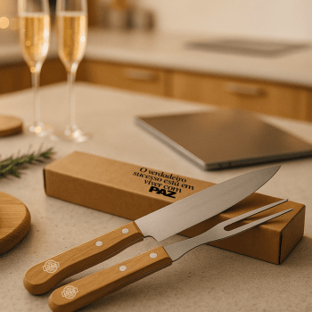 Brinde Natal Final de Ano Personalizado Kit Churrasco Garfo e Faca Caixa 2 Peças X07443