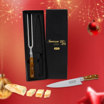 Brinde Natal Final de Ano Personalizado Kit Faca e Garfo Premium em Madeira / Inox 2 Peças SMKF-03063