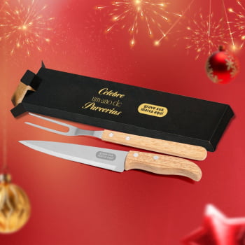 Brinde Natal Final de Ano Personalizado Kit Garfo e Faca em Madeira 2 Peças SMKF-90406