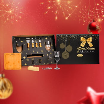 Brinde Natal Final de Ano Personalizado Kit Queijo Bambu e Vidro 7 Peças SMKT-90479