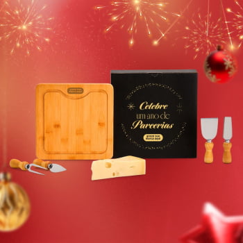 Brinde Natal Final de Ano Personalizado Kit Queijo Bambu Madeira e Inox SMPD-80043