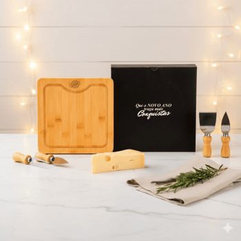 Brinde Natal Final de Ano Personalizado Kit Queijo Bambu Madeira e Inox SMPD-80043