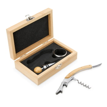 Brinde Natal Final de Ano Personalizado Kit Vinho Bambu 3 Peças X08169